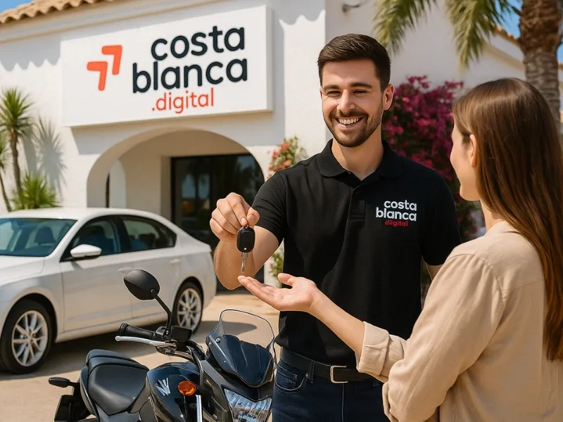 Costa Blanca Digital associate handing over motorcycle keys to a customer outside a Mediterranean-style dealership, with a motorbike and car in the foreground, palm trees, and bougainvillea enhancing the coastal setting.