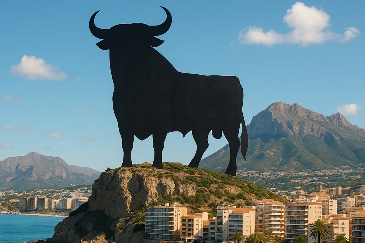 Concept image of a 300-metre bull monument on a coastal hill above a Mediterranean town with mountains in the background on Spain’s Costa Blanca.