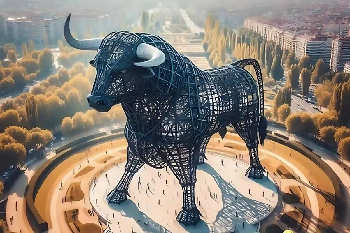 Concept render of a 300-metre steel lattice bull monument in a circular plaza with visitors below—Spain’s proposed ‘Toro de España