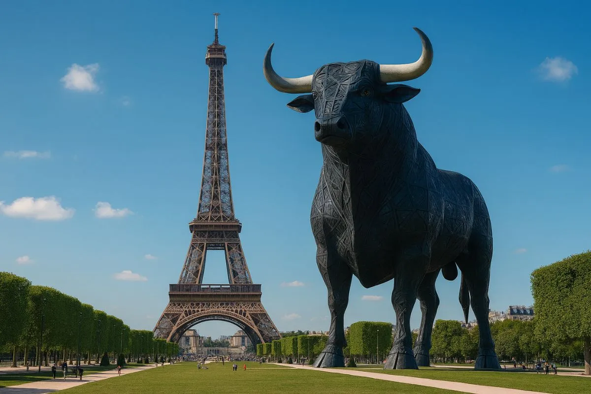 Concept image showing a giant 300-metre bull beside the Eiffel Tower to compare scale.