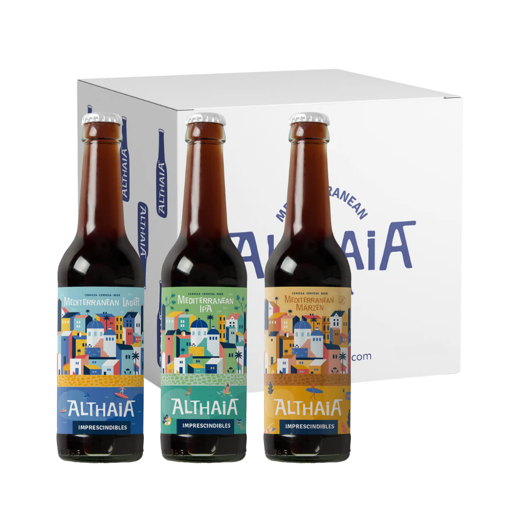 Cervezas Althaia Mediterranean range: selected bottles with signature coastal labels.
