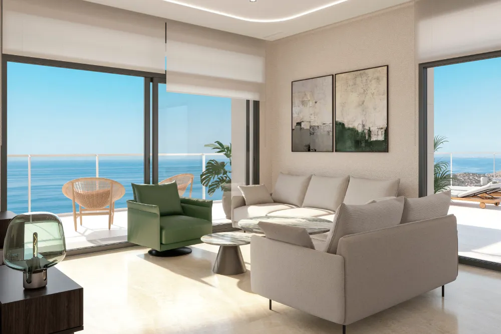 TM Tower apartment living room opening onto a sea-view terrace.