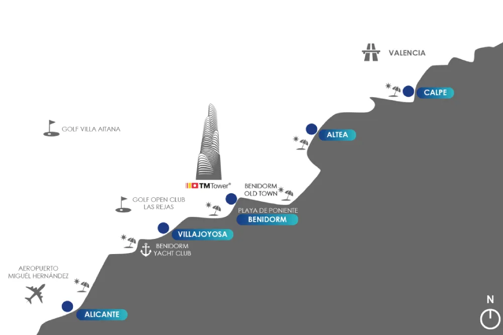 TM Tower location map near Poniente Beach, Benidorm.