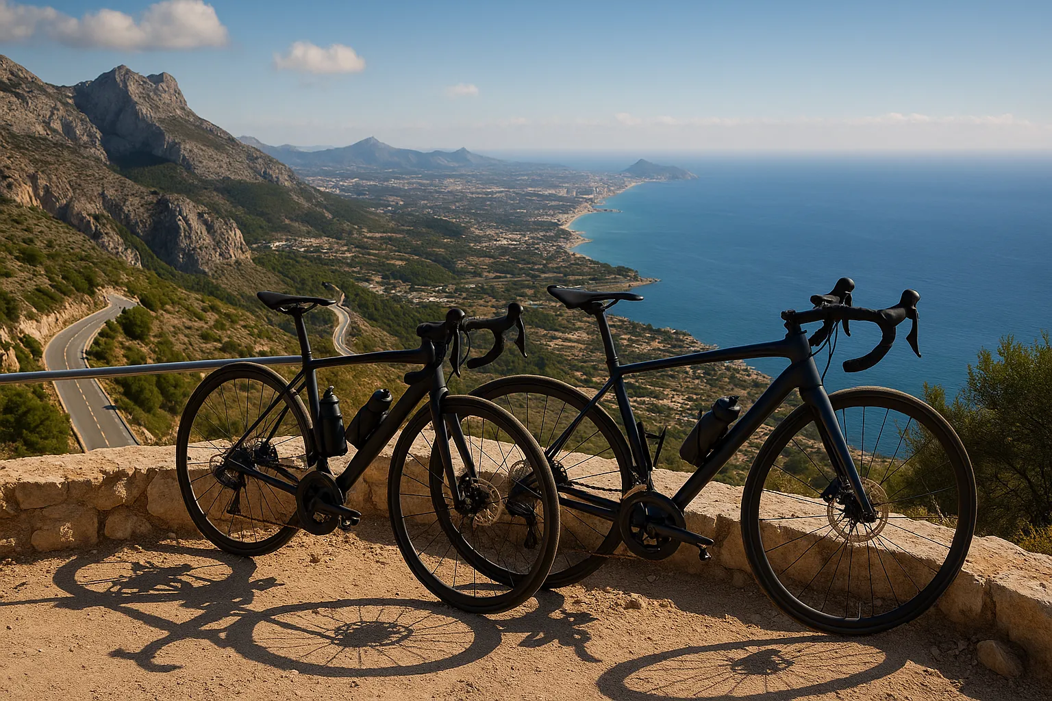 Bicycles on top of a Costa Blanca Hill with beautiful views of the mountains and the sea Two bicyles on top of a Costa Blanca Hill with beautiful views of the mountains and the sea
