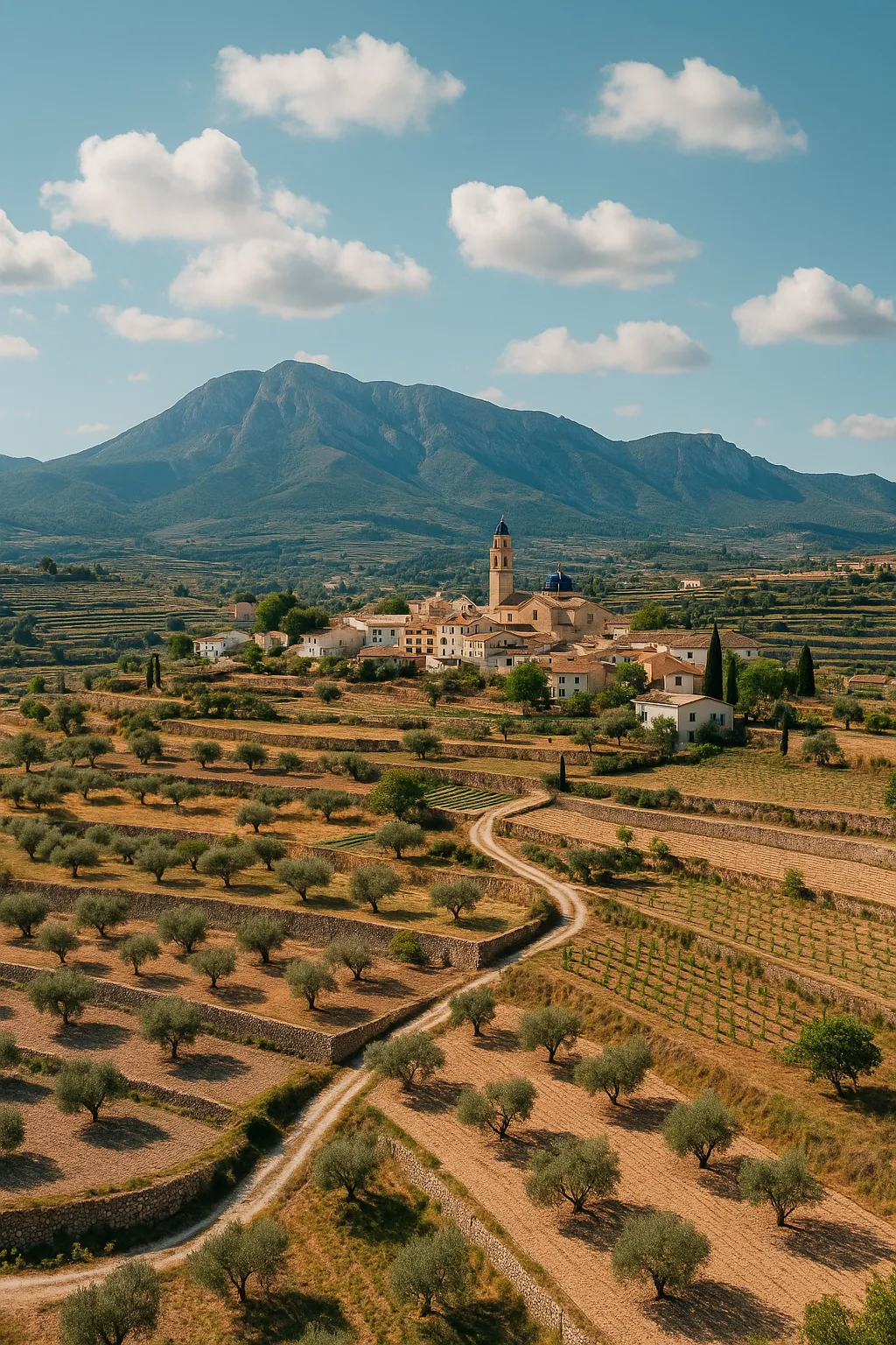 Scenic View of a Mountain Village in Inland Alicante A sunlit village nestled among terraced olive groves in the inland region of Alicante, with a church tower rising against the backdrop of a mountain range and a clear blue sky.