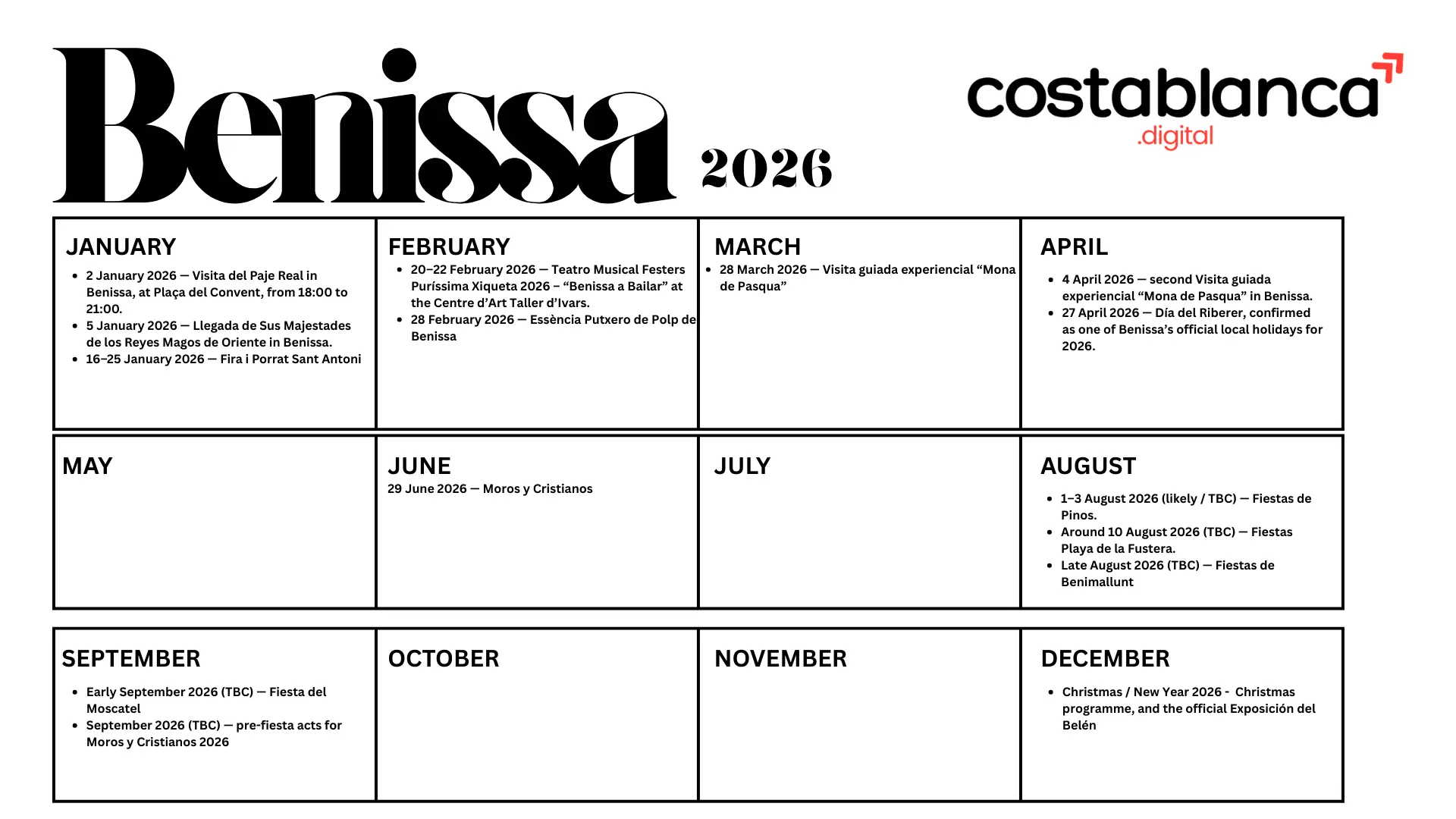 Official benissa fiestas calendar 2026