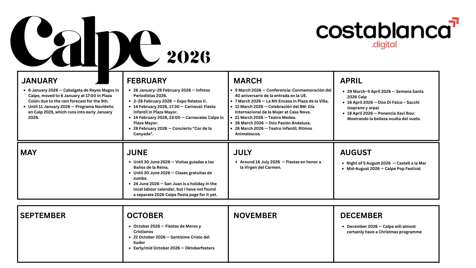 Official festivity calendar calpe 2026