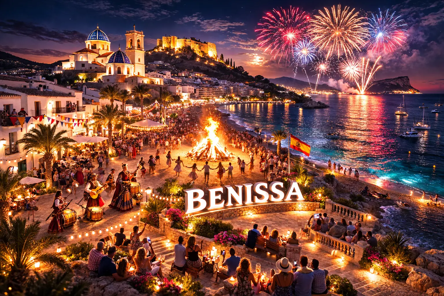Festive night scene in Benissa Costa with fireworks, historic church and Mediterranean coastline on the Costa Blanca