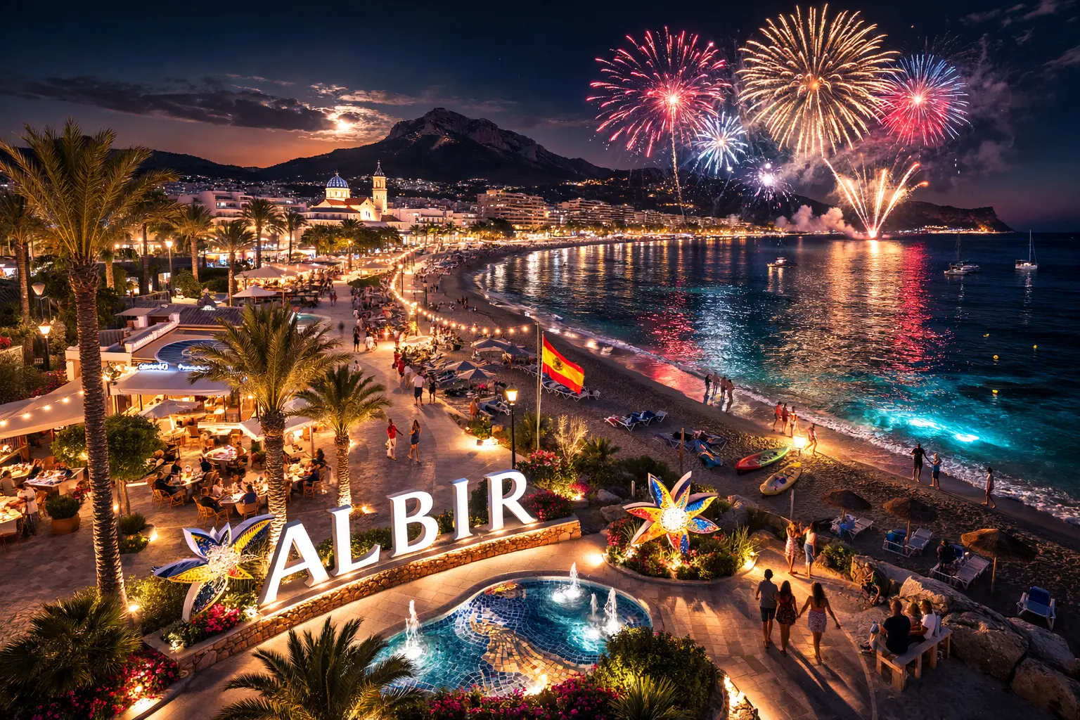 Albir beach promenade at night with fireworks, restaurants and Playa del Albir on the Costa Blanca