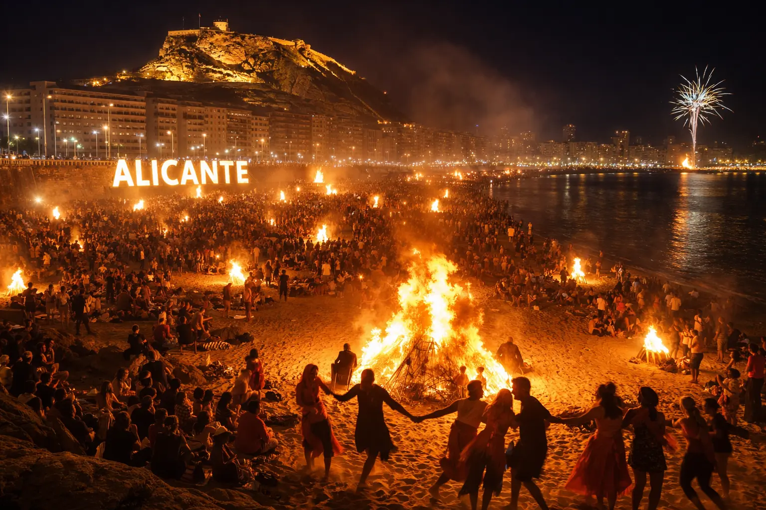 Hogueras de San Juan, Alicante – 2026 Hogueras de San Juan bonfires on Postiguet Beach in Alicante with Santa Bárbara Castle and fireworks at night