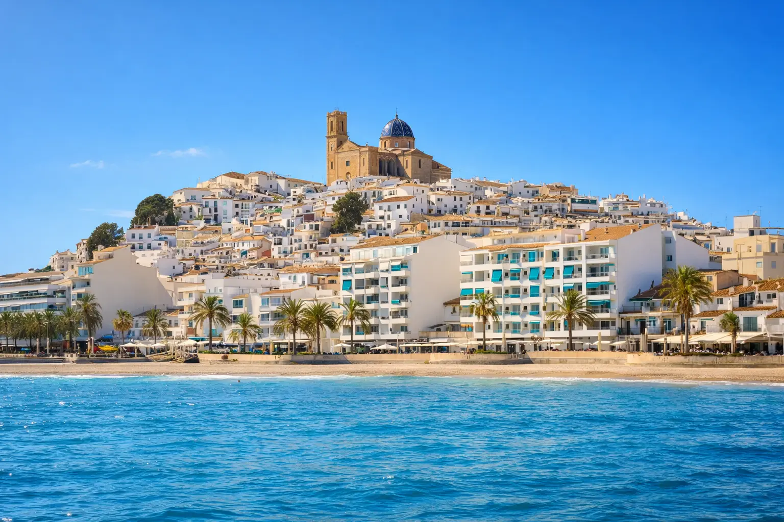 Views of Altea Coastline from the middle of the sea with Altea town on the background