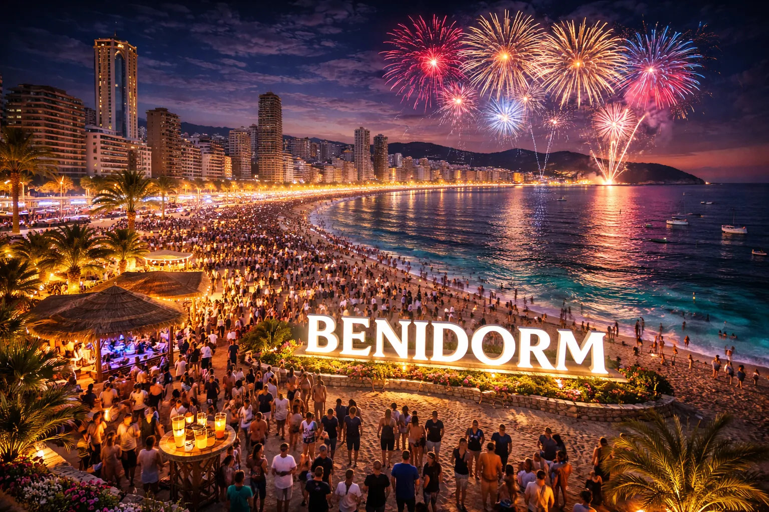 Benidorm Beach at Night | Fireworks Over Levante Beach and Skyline Benidorm skyline and Levante Beach at night with fireworks and crowds celebrating on the Costa Blanca
