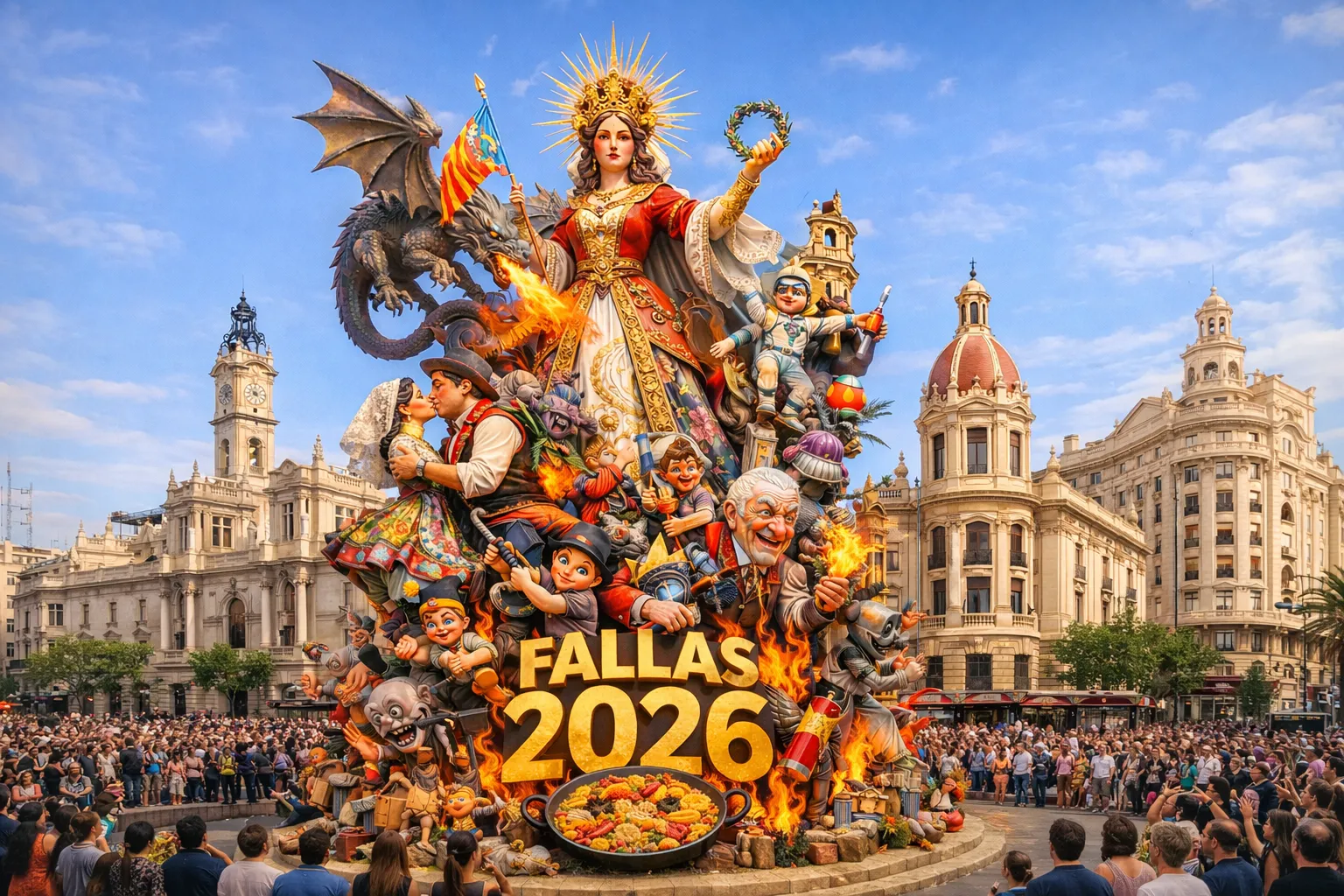 Fallas 2026 Valencia monuments Giant Fallas monument in Valencia during Fallas 2026