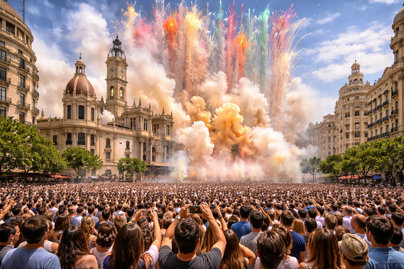 Mascletà Valencia Fallas 2026 Crowds watching the 14:00 mascletà in Valencia