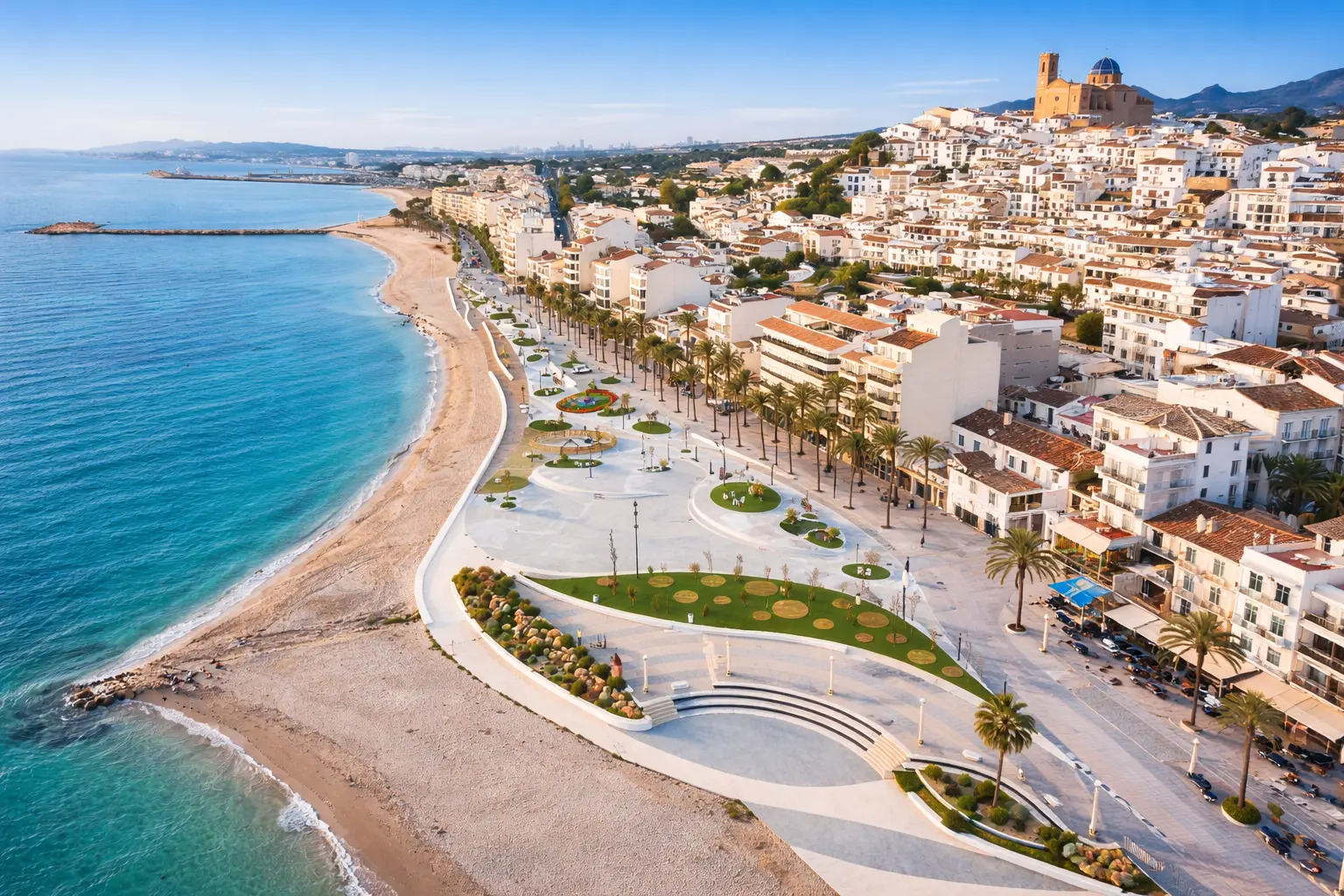 Aerial view of Altea on the Costa Blanca showing the seaside promenade, beach, palm trees and the old town with the blue-domed church of Nuestra Señora del Consuelo.