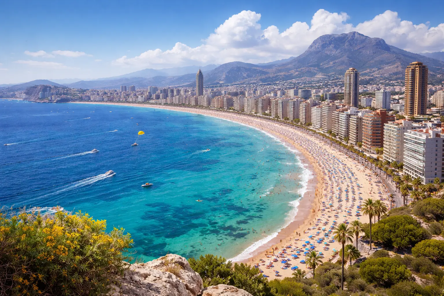 Benidorm Skyline and Levante Beach – Costa Blanca Aerial View Aerial view of Benidorm skyline with Levante Beach, turquoise Mediterranean sea and mountains in the background on the Costa Blanca