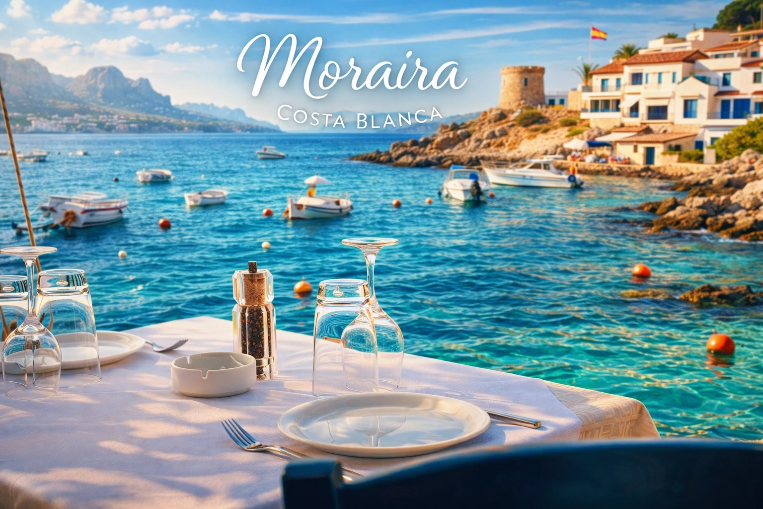 Seafront restaurant table in Moraira overlooking the Mediterranean, representing the best restaurants in Moraira on the Costa Blanca