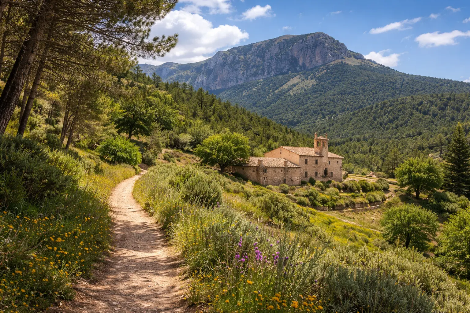 Sierra de Mariola Natural Park Mountain Trail and Traditional Finca Landscape Scenic hiking trail in Sierra de Mariola Natural Park with wildflowers, pine forest and a traditional stone finca in the mountains of Alicante