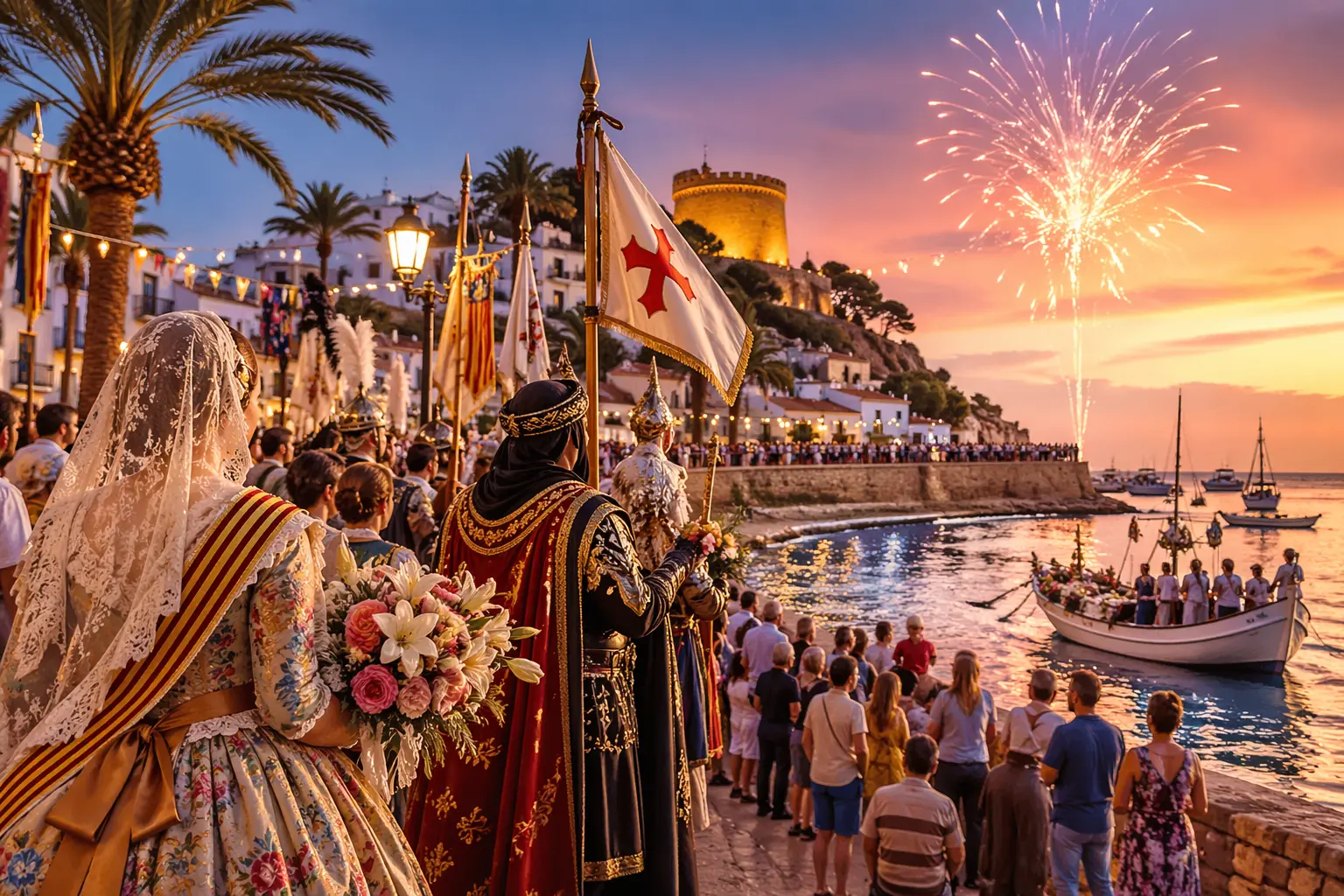 Festival celebration in Moraira with traditional costumes, boats, and fireworks over the Mediterranean coast