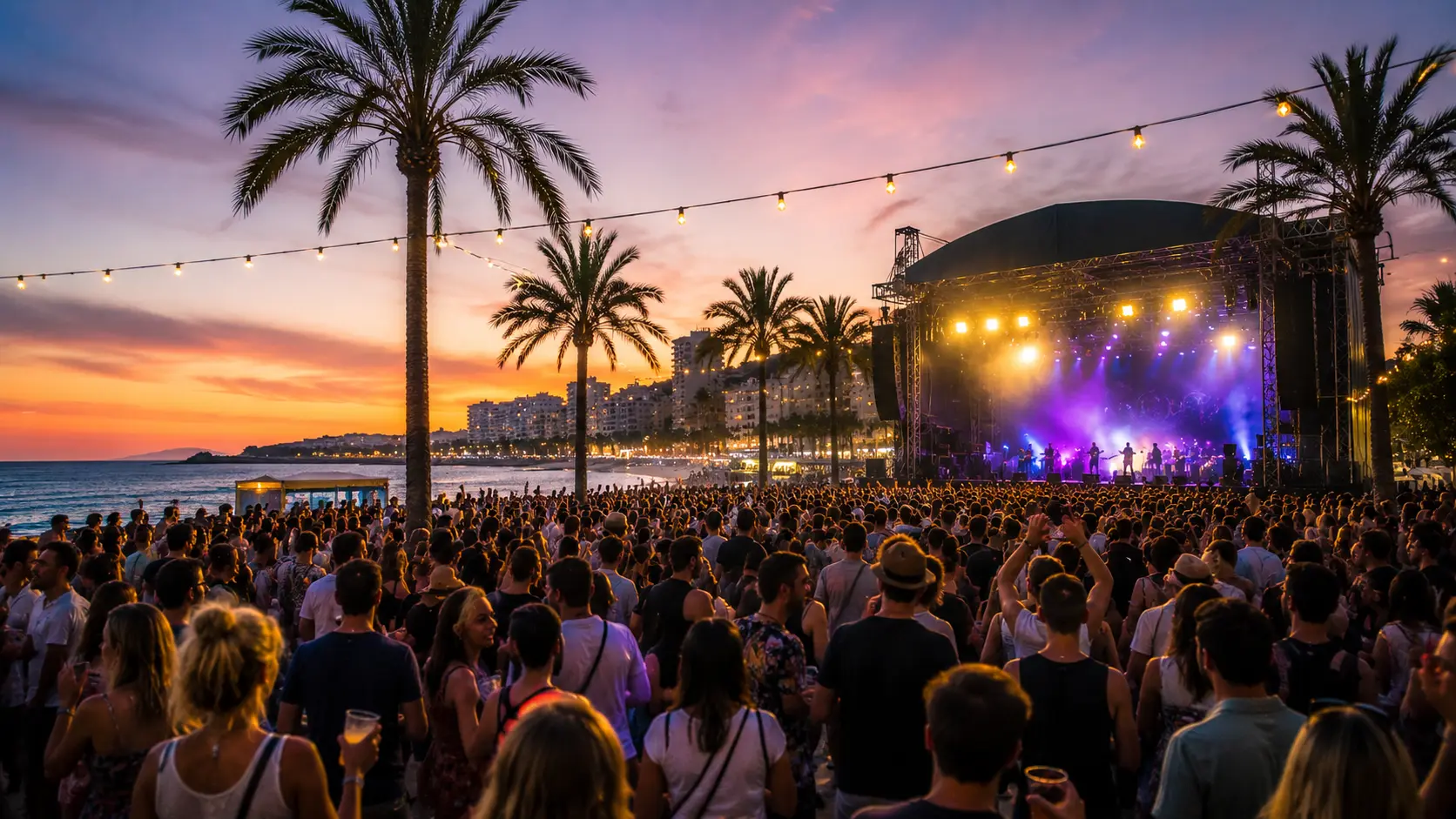 Large crowd enjoying a beachfront summer music festival on the Costa Blanca during sunset with palm trees and live concert stage