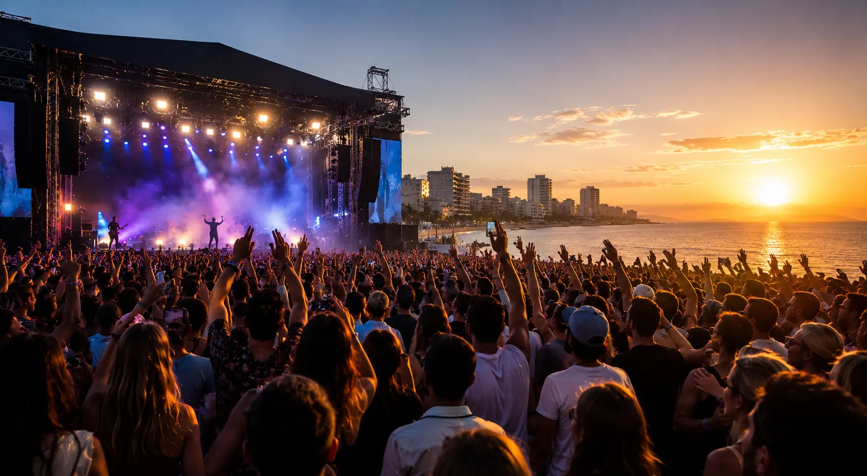 People enjoying an outdoor summer music festival on the Costa Blanca at sunset near the Mediterranean coast