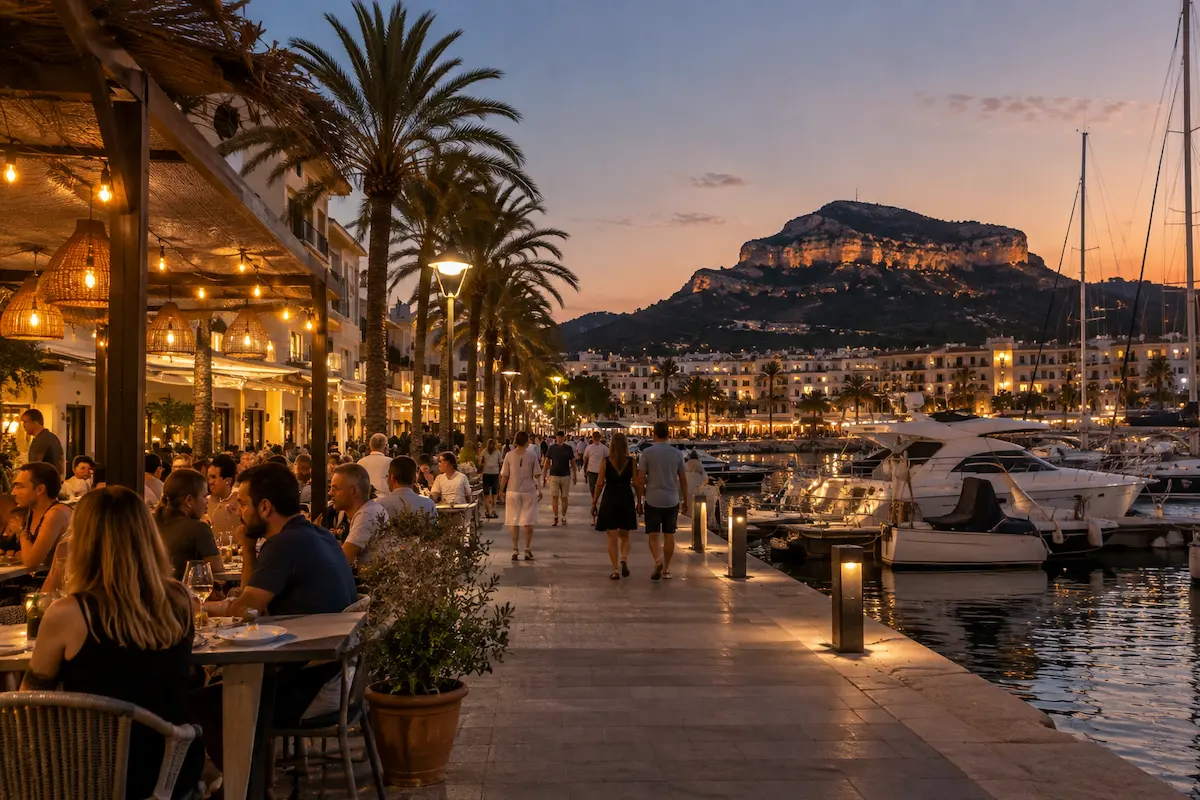 Restaurant terraces in Jávea's Port during La Mar de Tapas seafood tapas route