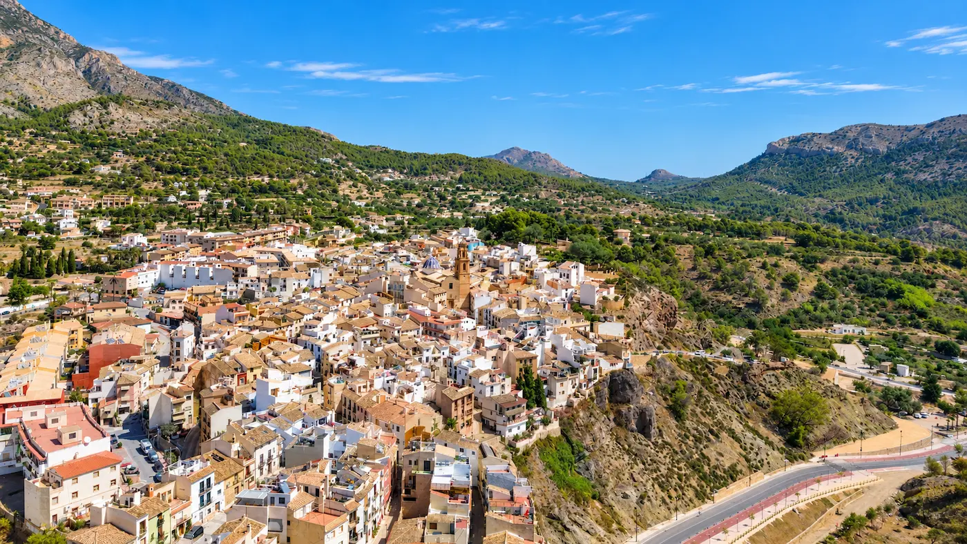 Aerial drone view of Finestrat on the Costa Blanca